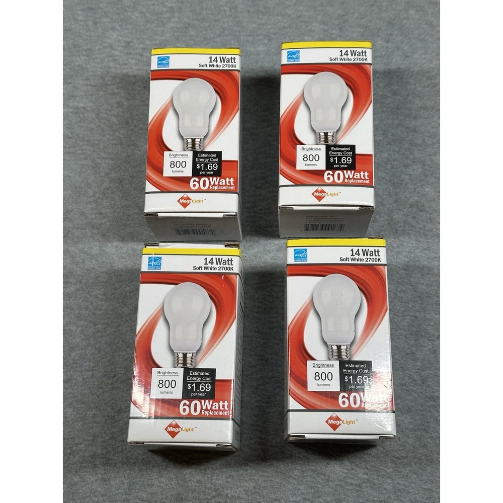 60 Watt A19 LOT OF 4 Energy Star Light Bulb Soft White 2700K 800 Lumen Long Life